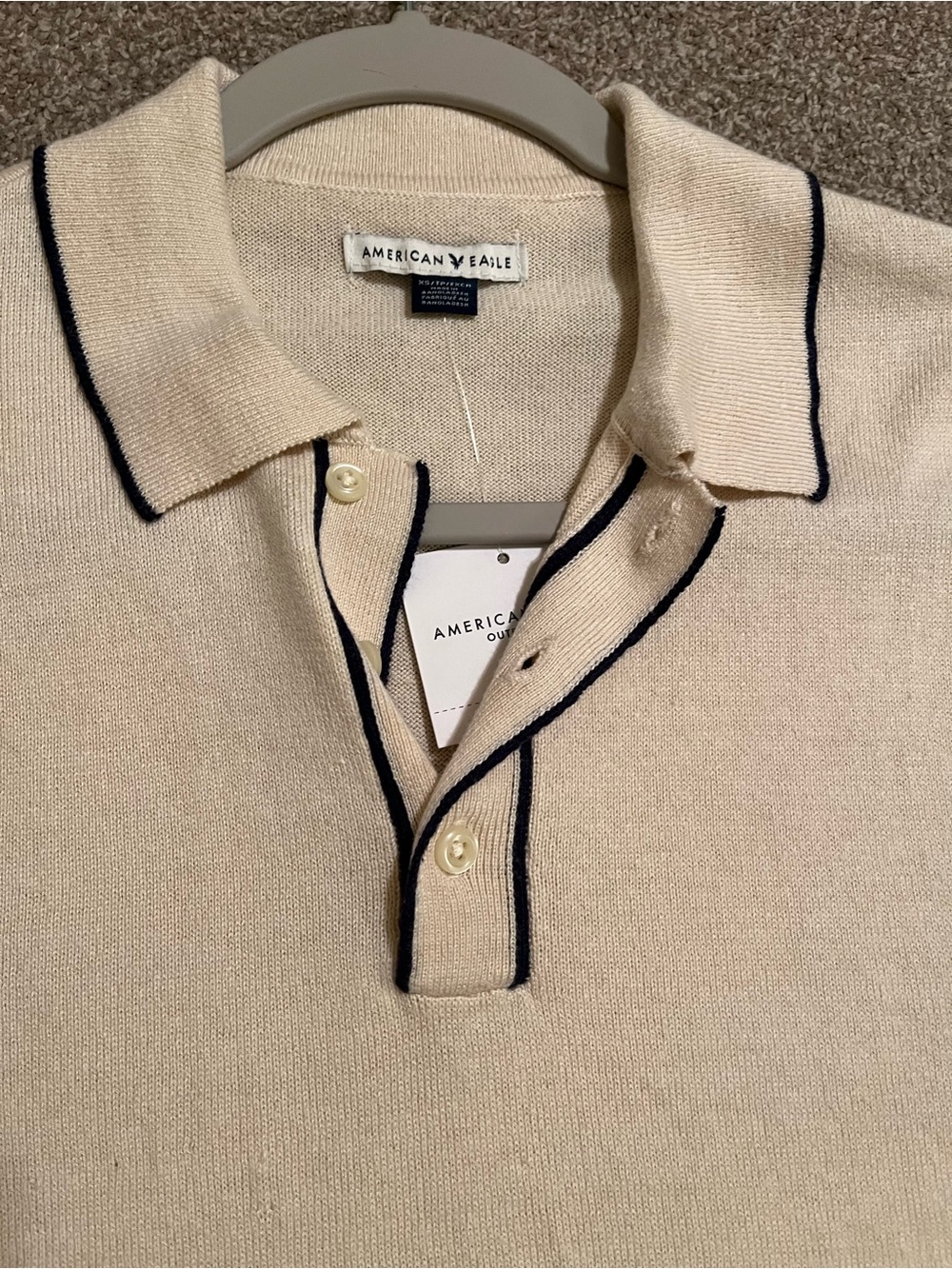 American Eagle Club Collar Knit Polo Shirt in Cream with Contrast Trim - Picture 3 of 6